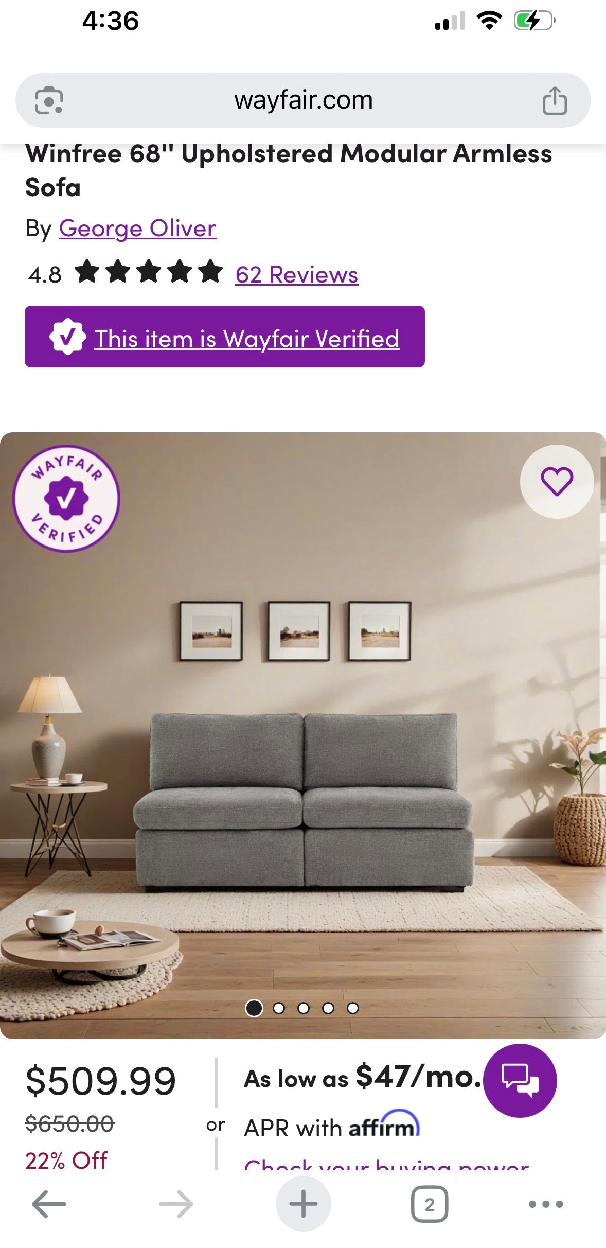 2-Piece Modular Armless Sofa – Linen-Style Upholstered Couch