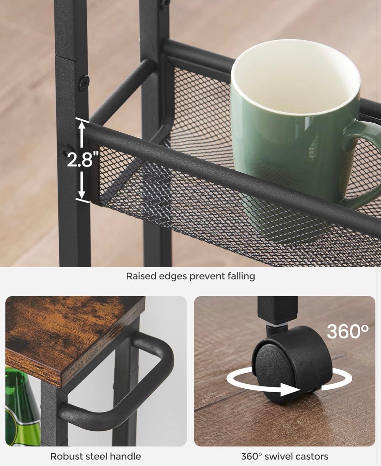 VASAGLE 4-Tier Slim Rolling Storage Cart