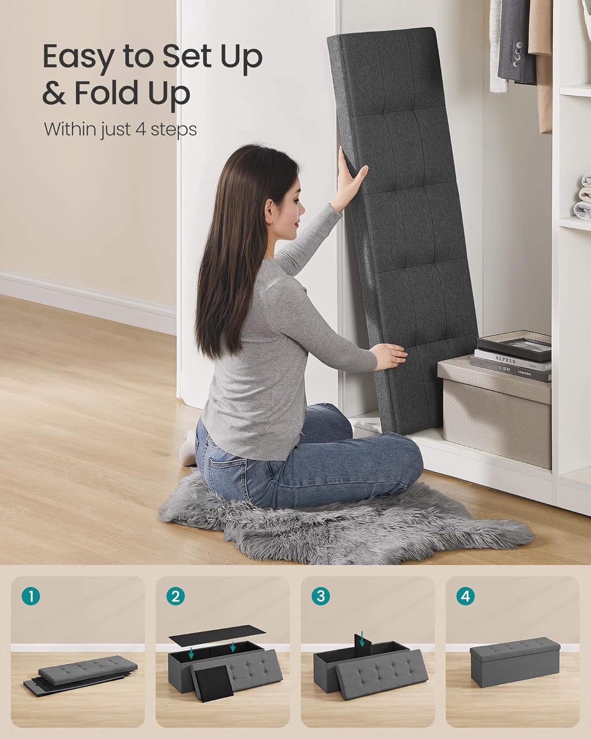 SONGMICS MAZIE Storage Ottoman Bench – Dark Gray
