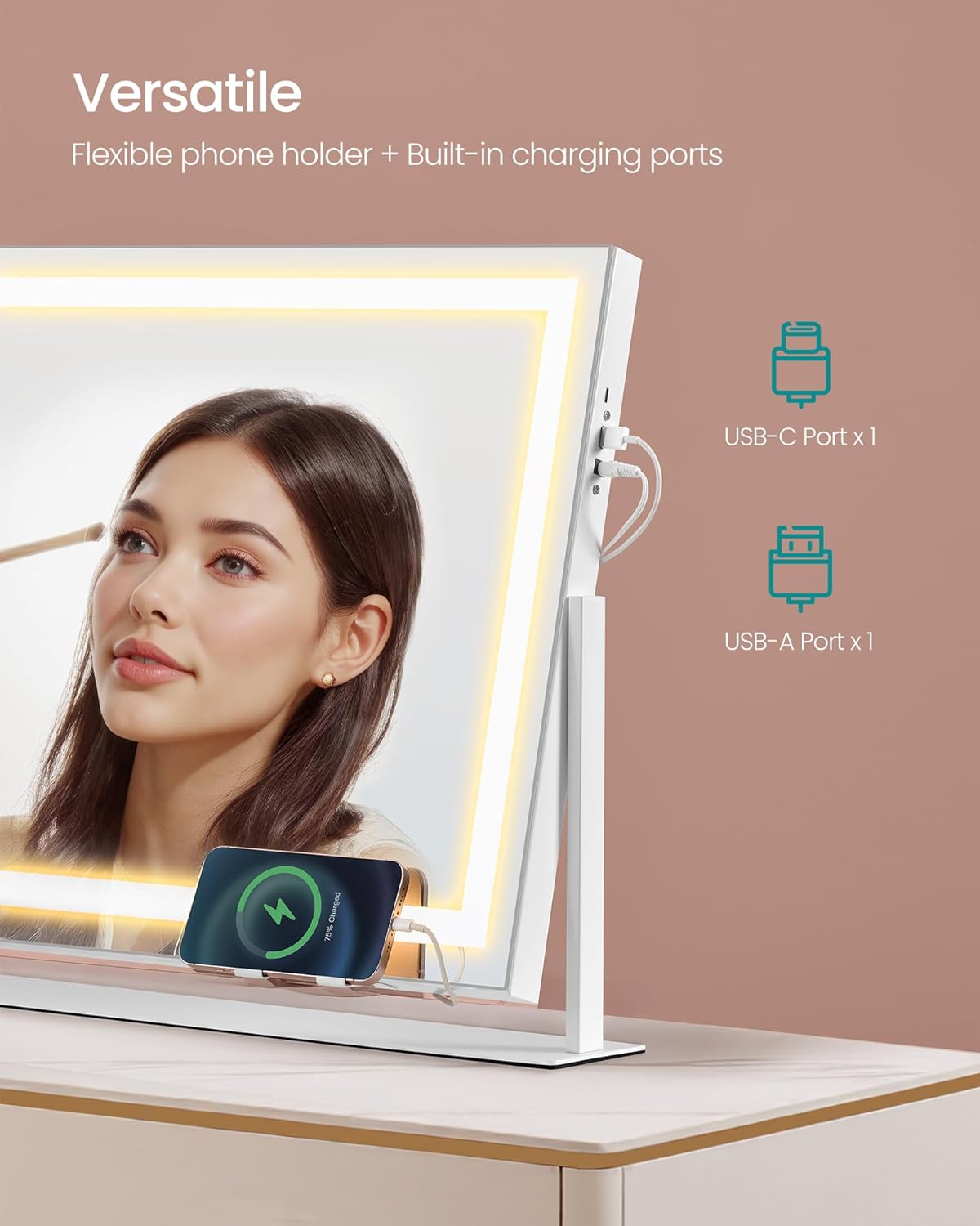 LED Strip Vanity Mirror with Charging Ports