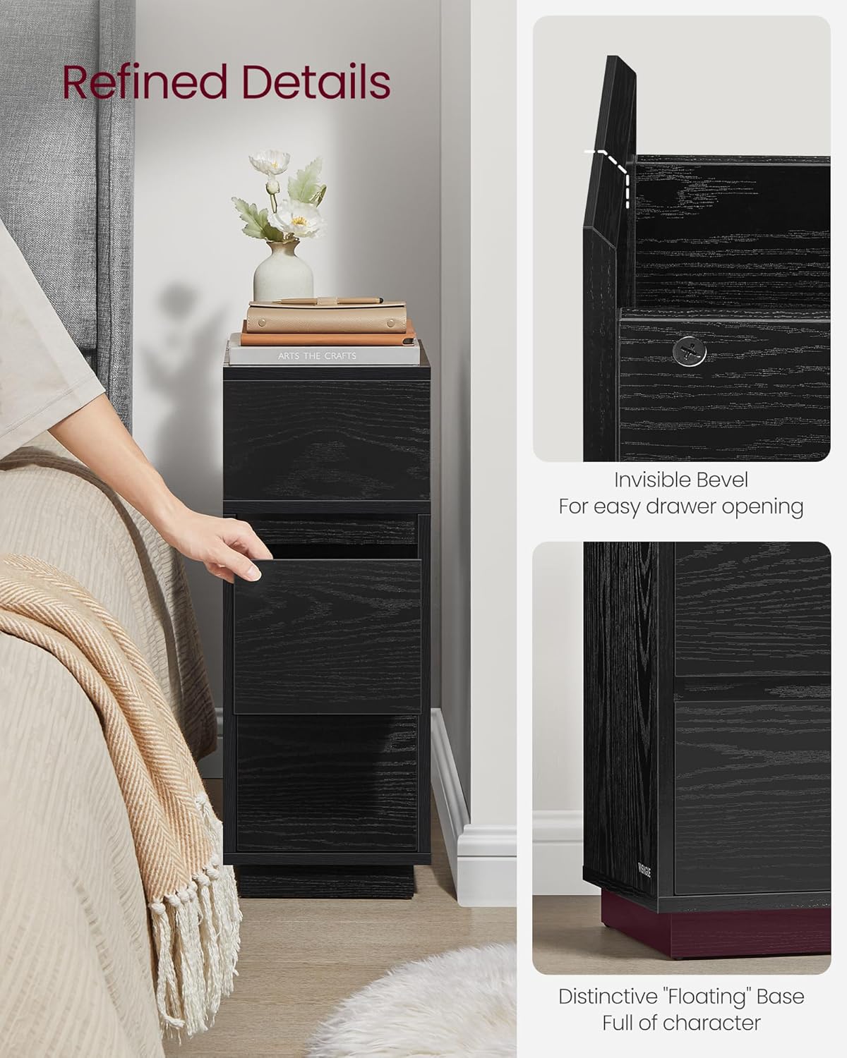 VASAGLE Slim Nightstand Set (2-Piece) – Ebony Black