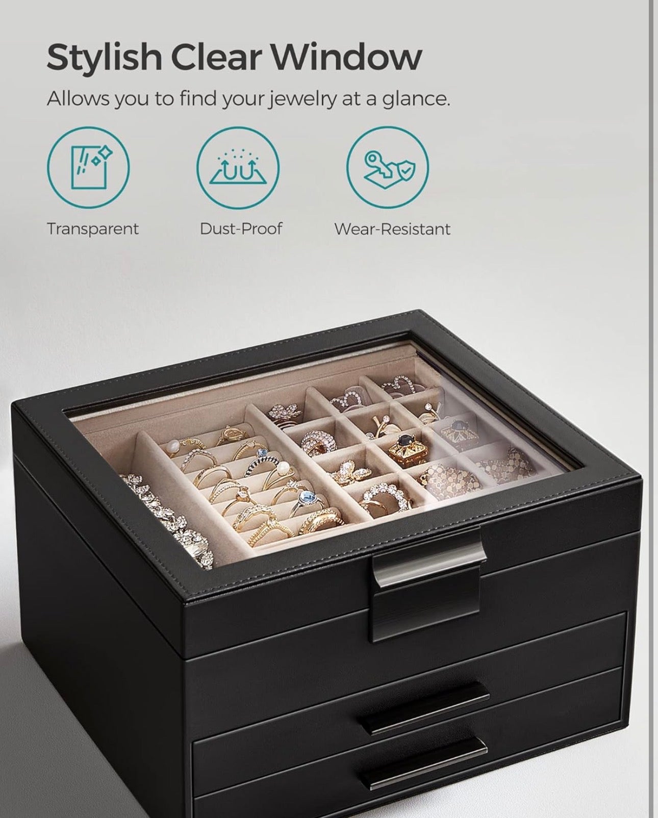 SONGMICS 3-Layer Jewelry Box Organizer with Glass Lid