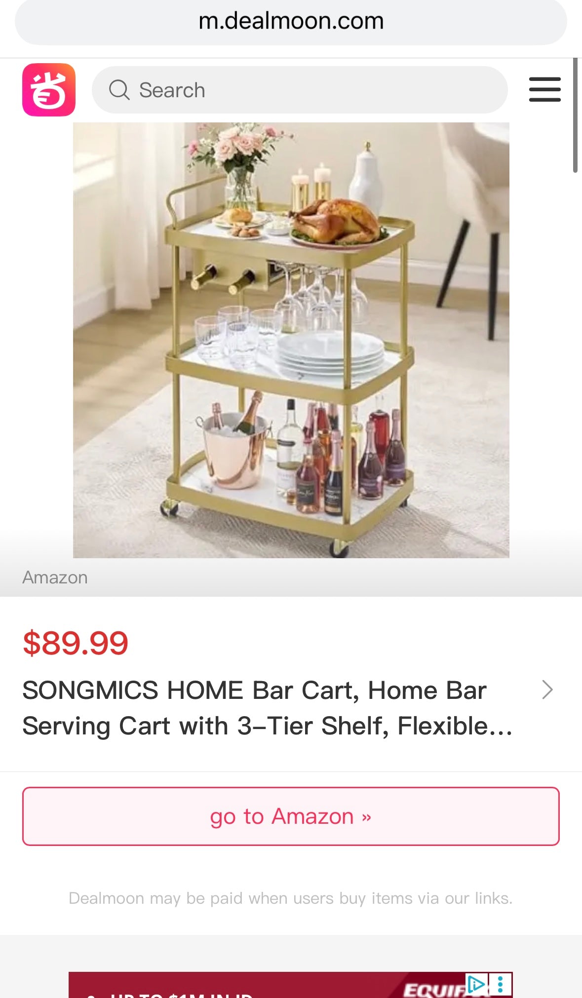 SONGMICS HOME Marble & Gold Bar Cart – 3-Tier Rolling Beverage Cart