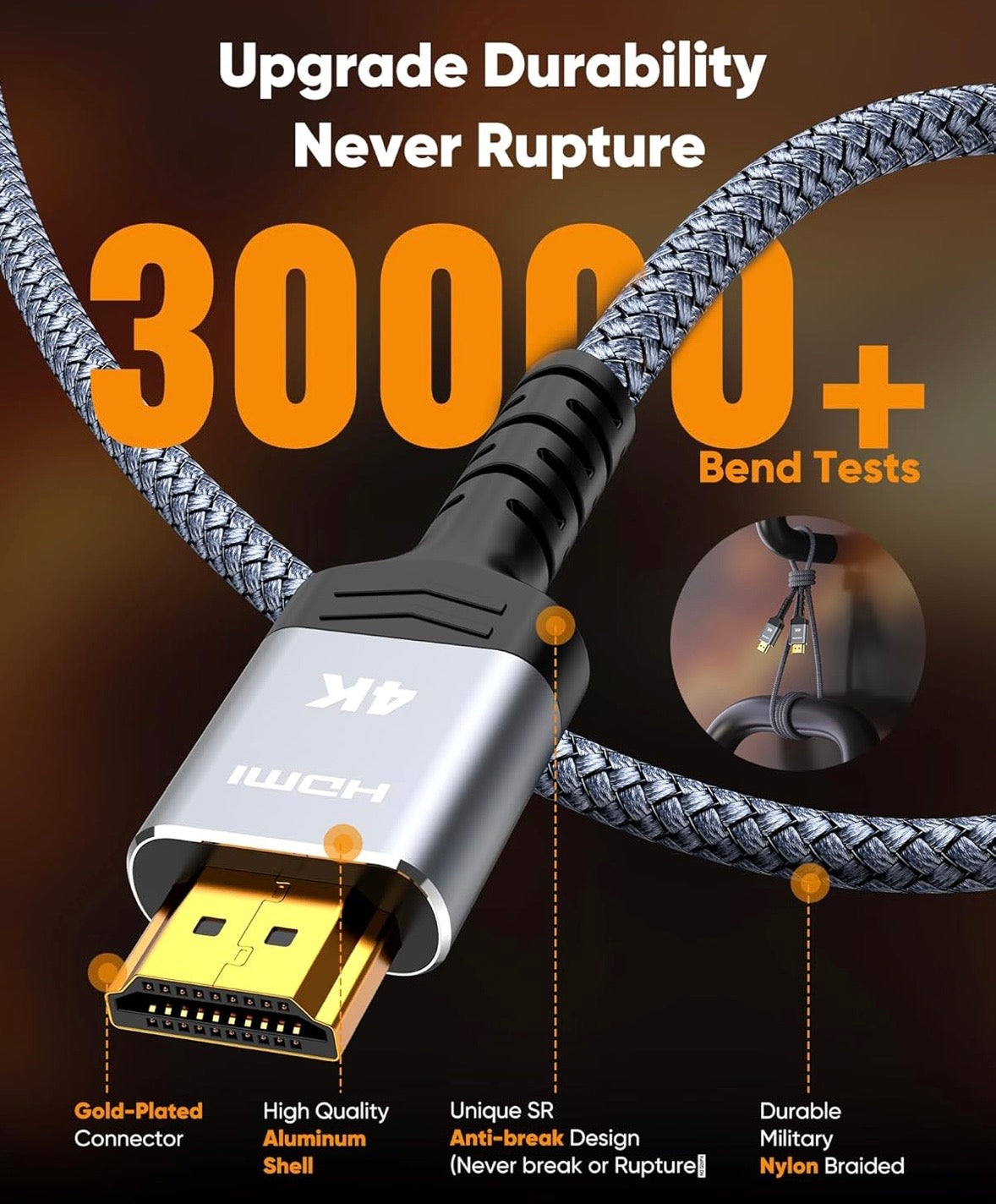 Snowkids 4K HDMI Cable – 10 ft High-Speed Braided HDMI Cable