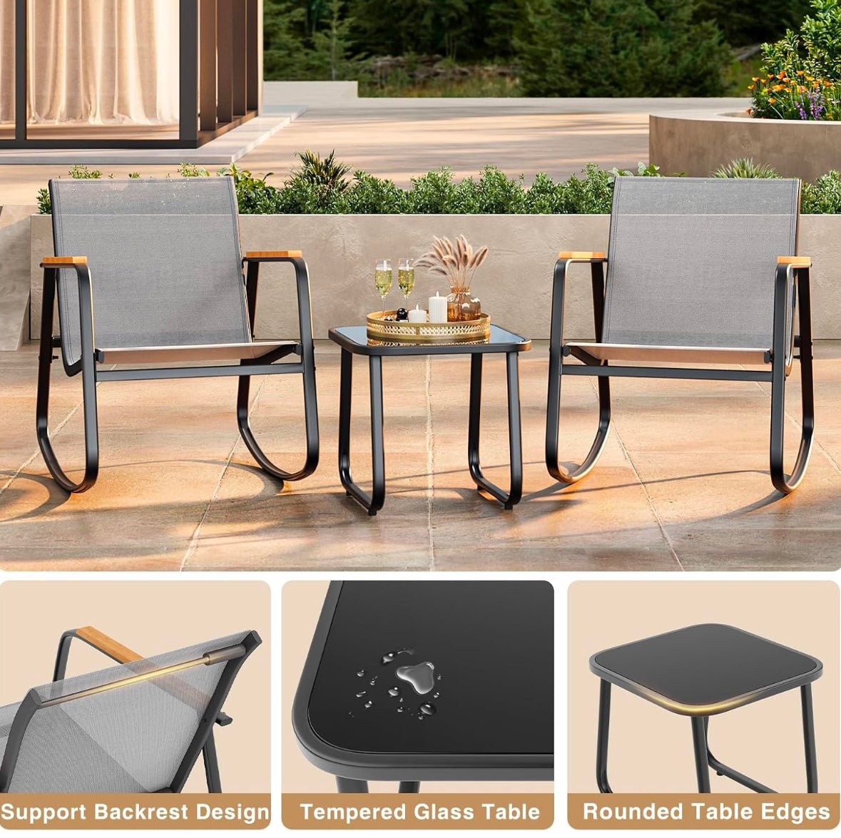 Modern Outdoor Rocking Bistro Set – Patio Conversation Set w/ Glass Table (Black)