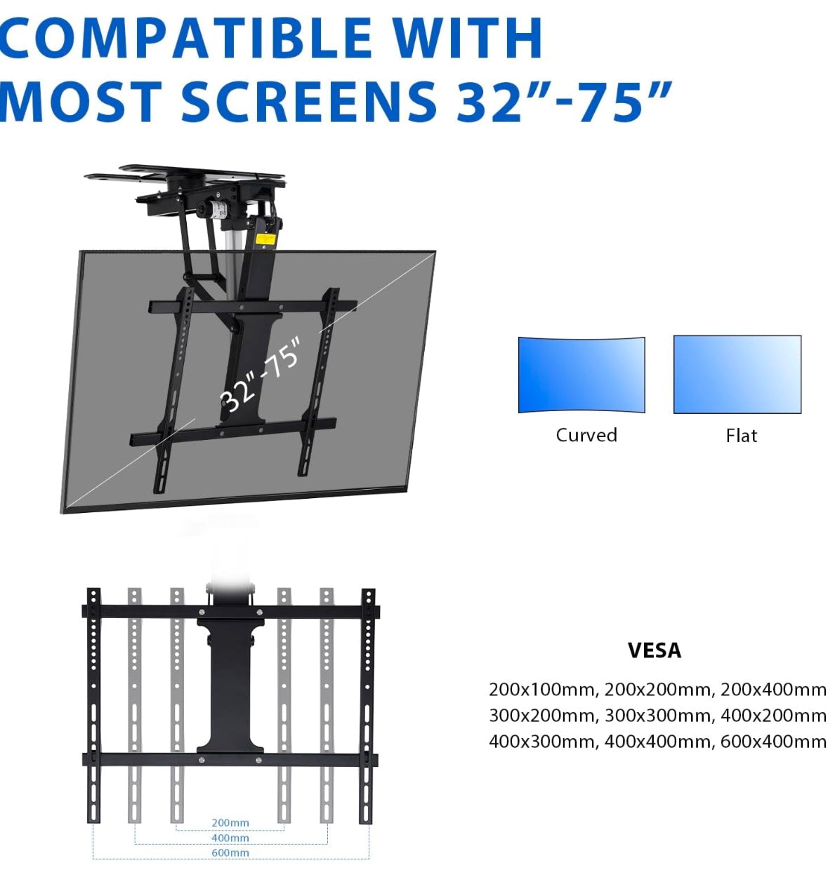 TOPSKY Motorized Ceiling TV Mount – Remote & App Controlled (32”–75”)