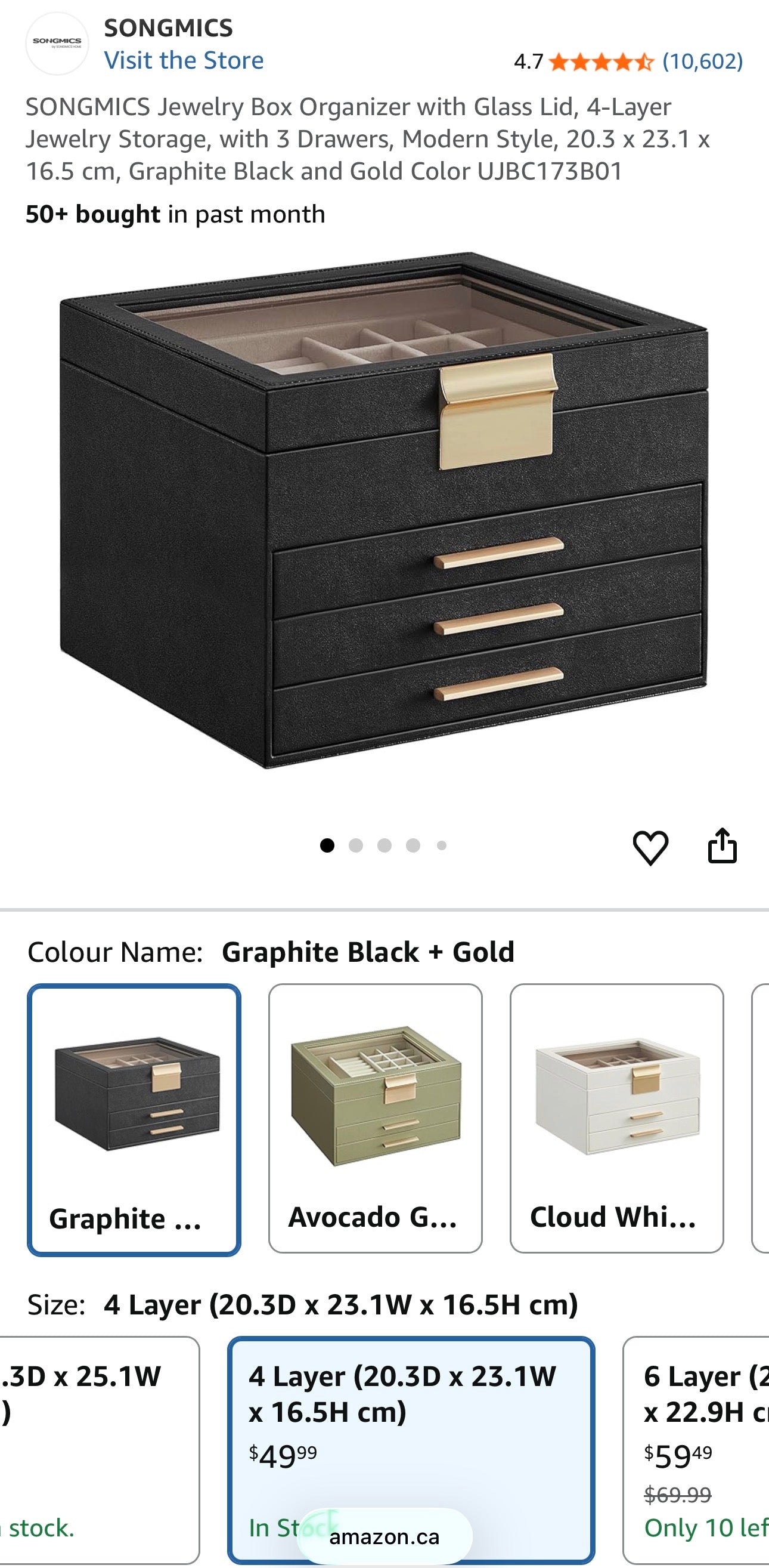 SONGMICS 4-Layer Jewelry Organizer Box – Graphite Black + Gold
