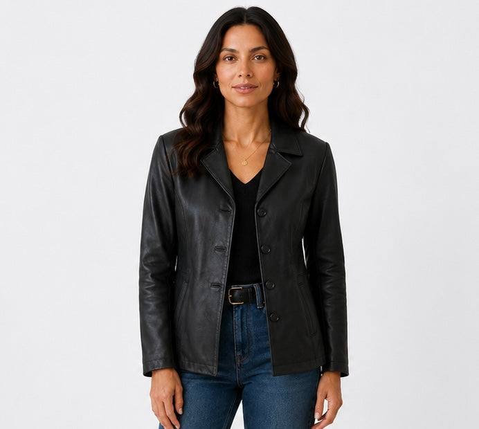 Women’s Classic Black Leather Blazer Jacket
