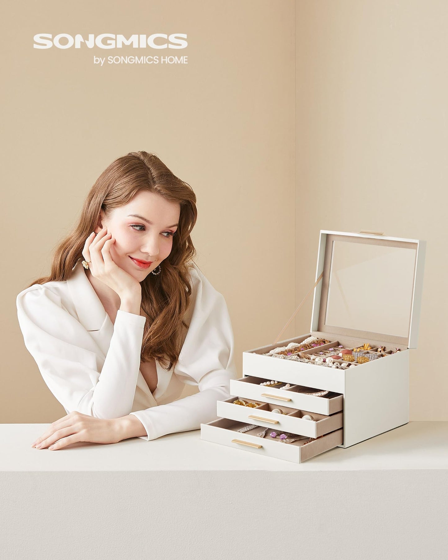 SONGMICS 4-Layer Jewelry Organizer Box – Cloud White + Gold