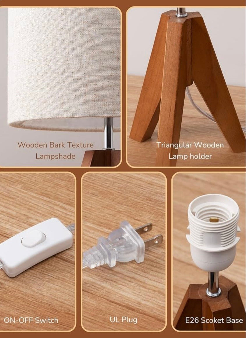 EDISHINE Wooden Tripod Table Lamp with Linen Shade- 2 pack