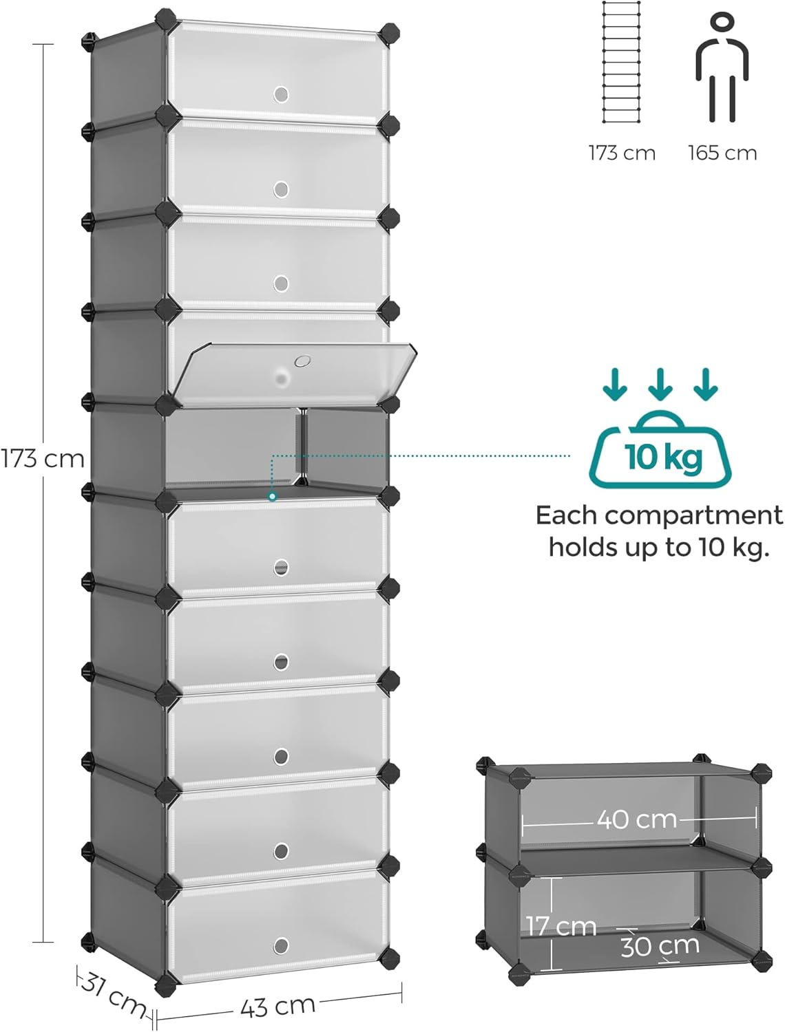 SONGMICS 10-Cube Modular Shoe Rack – Grey