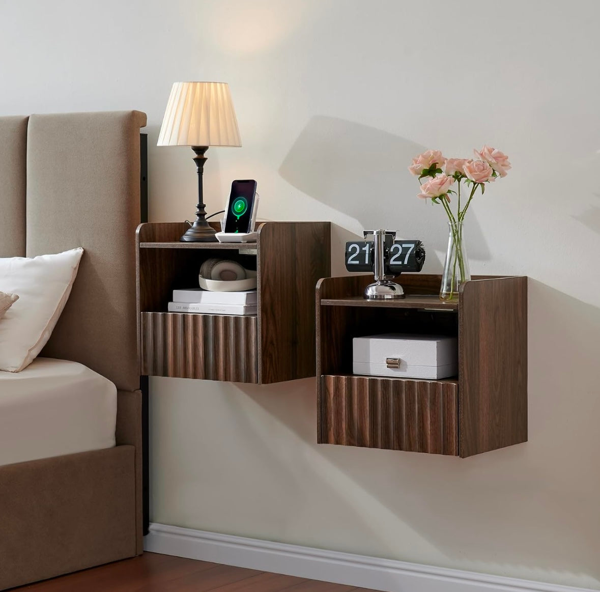 BuildHom Floating Wall-Mounted Nightstands – Walnut Finish (Set of 2)