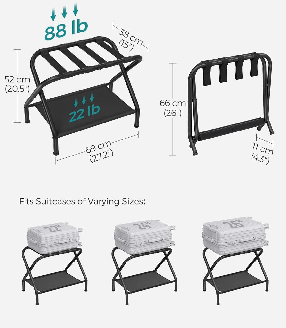 SONGMICS Folding Luggage Rack Set – 2 Pack w/ Bottom Shelf