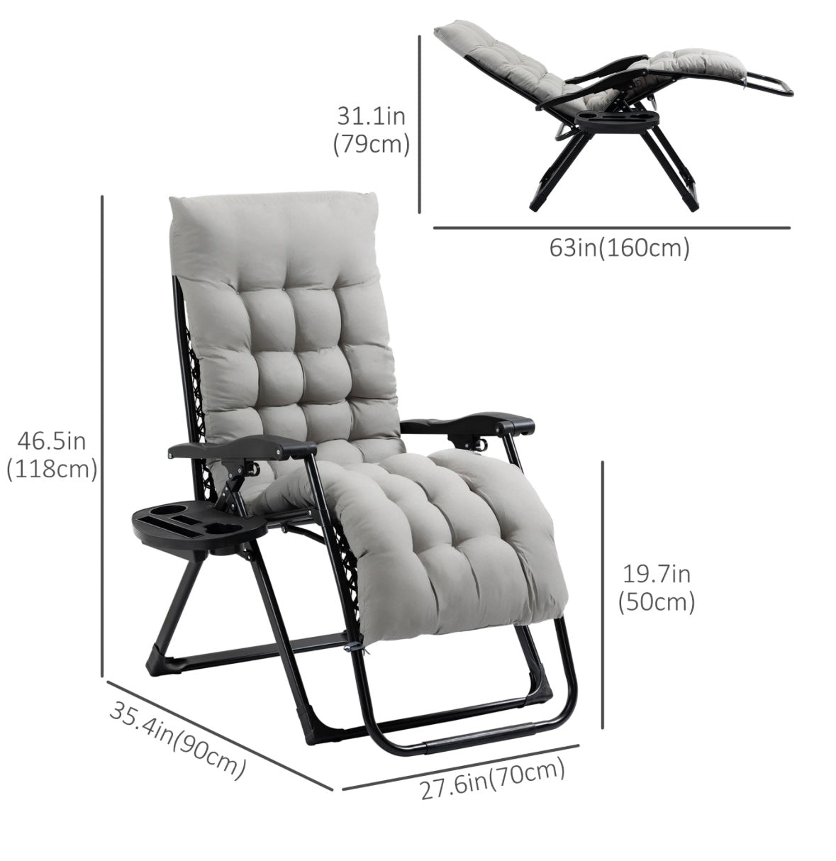 Outsunny Zero-Gravity Recliner Chair — Foldable Lounge with Cupholder Tray (White Frame + Grey Cushion)