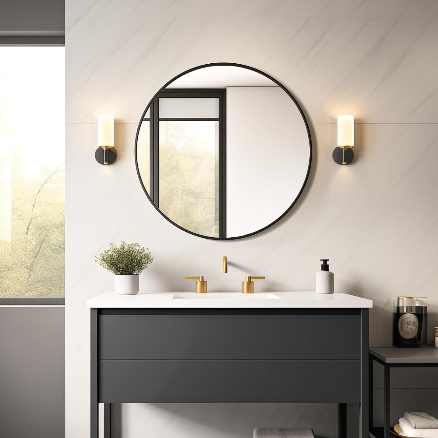 USHOWER 30” Round Wall Mirror – Black Frame
