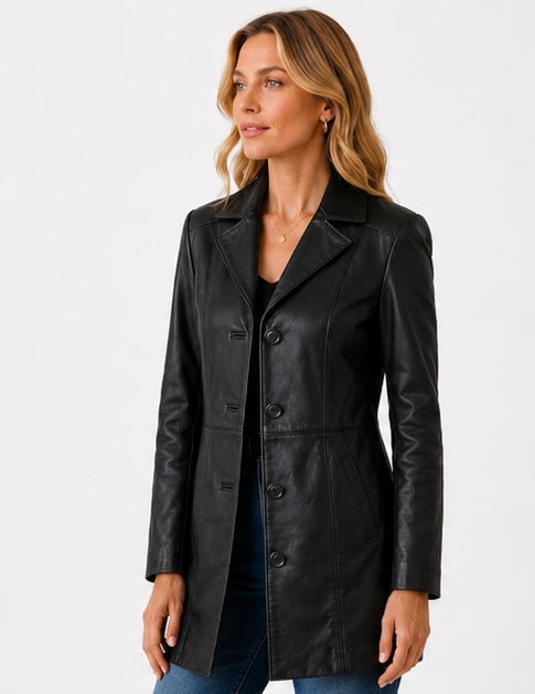 Women’s Tailored Black Leather Jacket – Classic Mid-Length Style