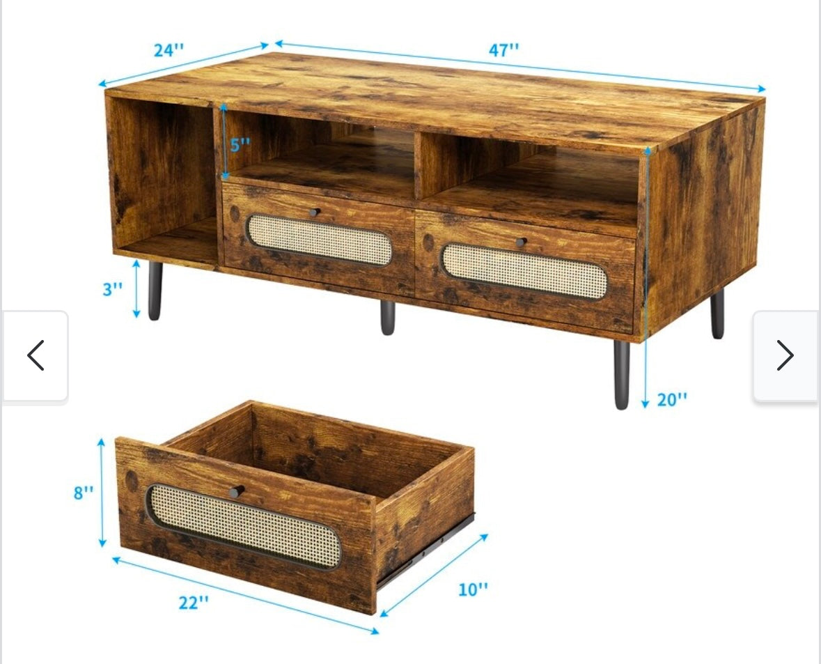 Mid-Century Modern Coffee Table w/ Storage Cabinets & Open Shelving