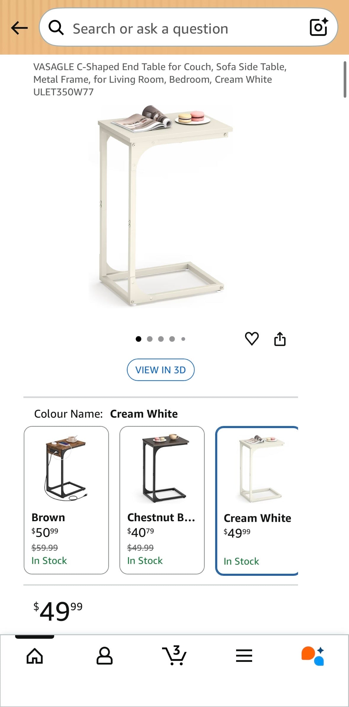 VASAGLE C-Shaped Side Table