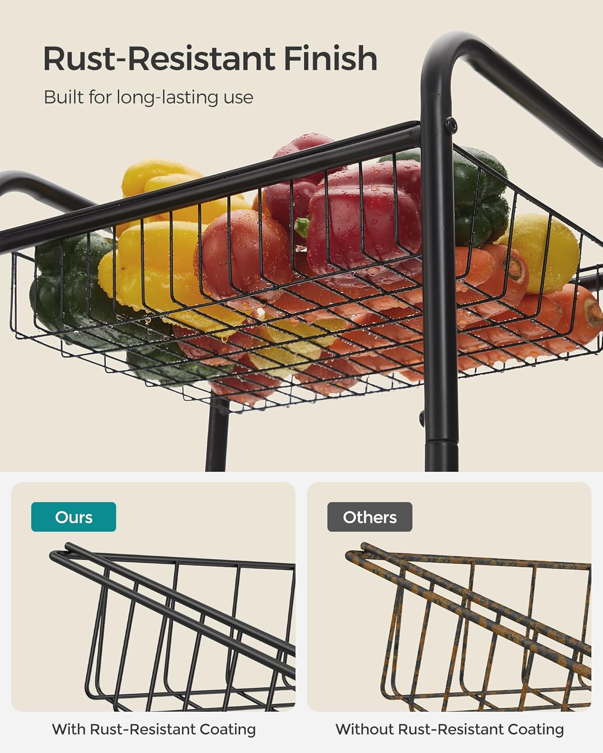 3-Tier Rolling Storage Cart – Black