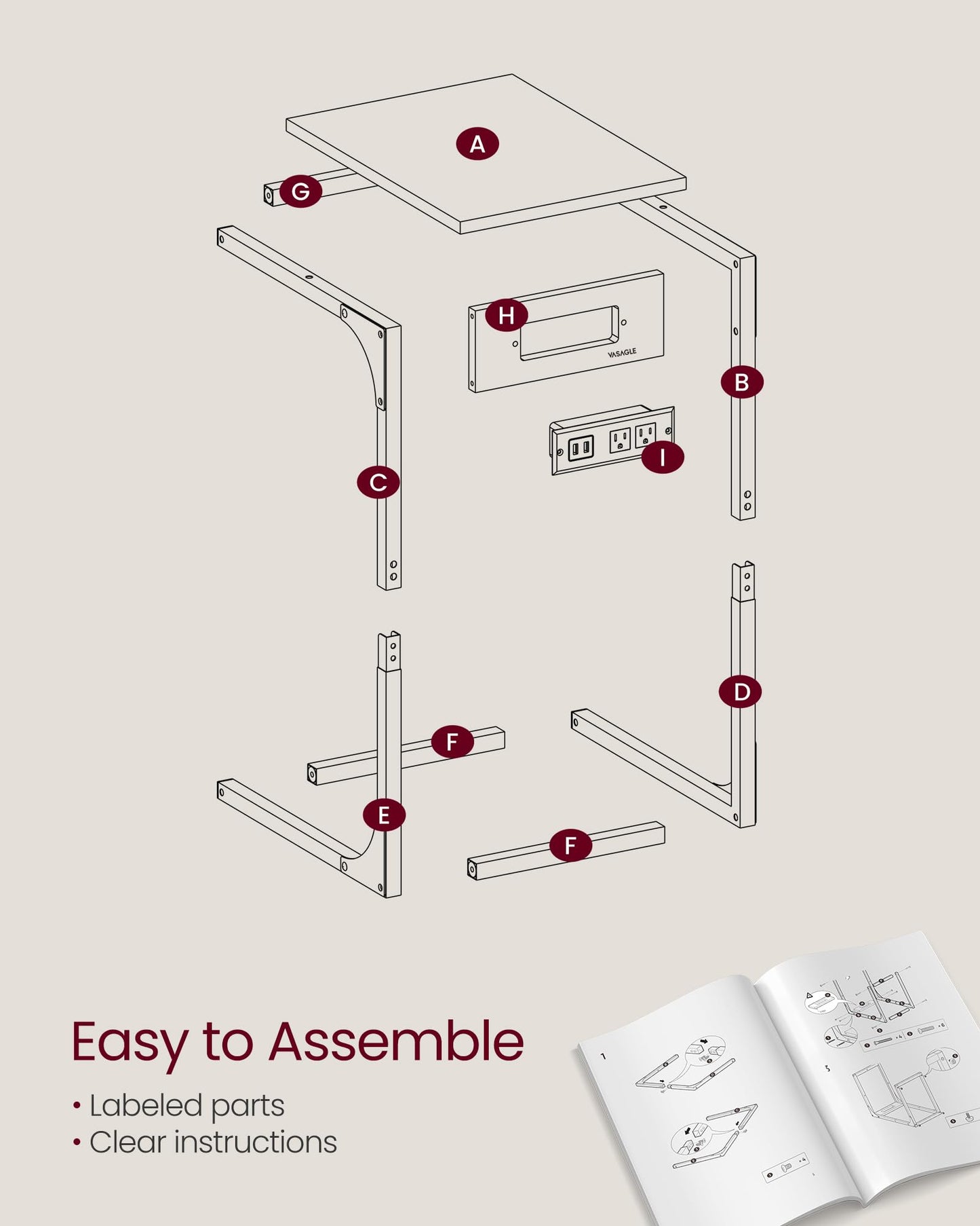 VASAGLE C-Shaped Side Table with Charging Station