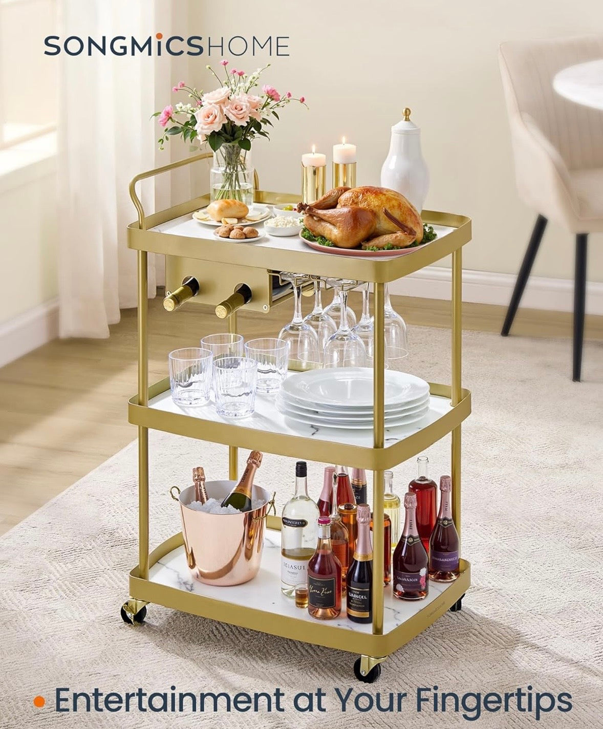 SONGMICS Rolling Bar Cart with Wine Rack – Marble White & Pale Gold