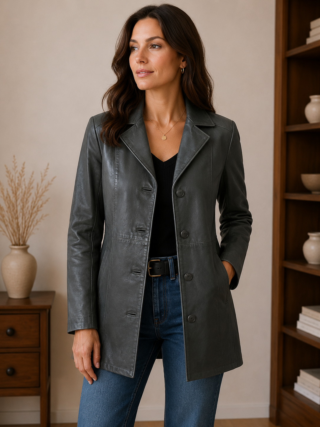 Women’s Tailored Grey Leather Jacket – Size XS