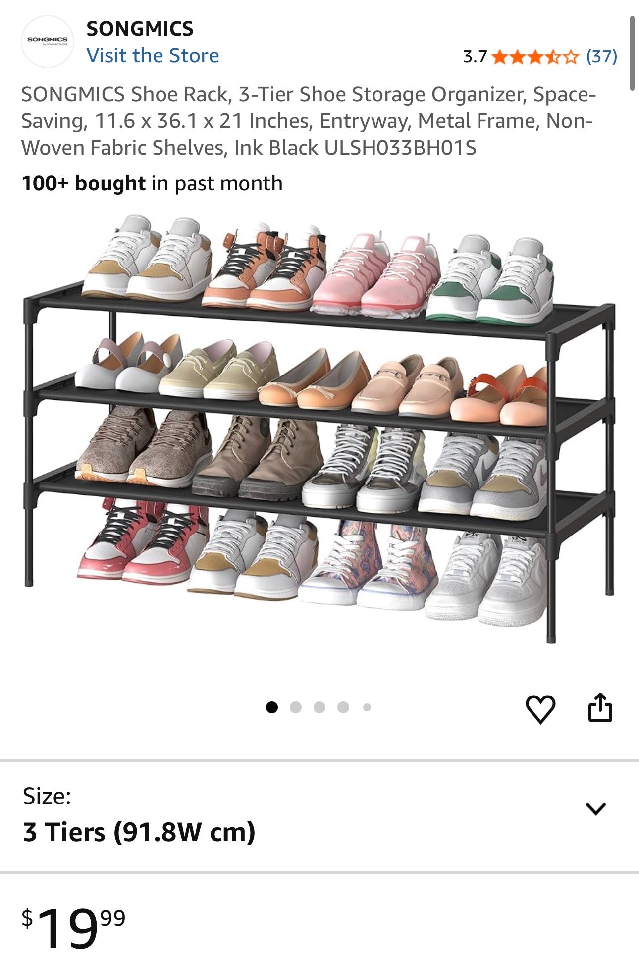 SONGMICS 3-Tier Shoe Rack Organizer