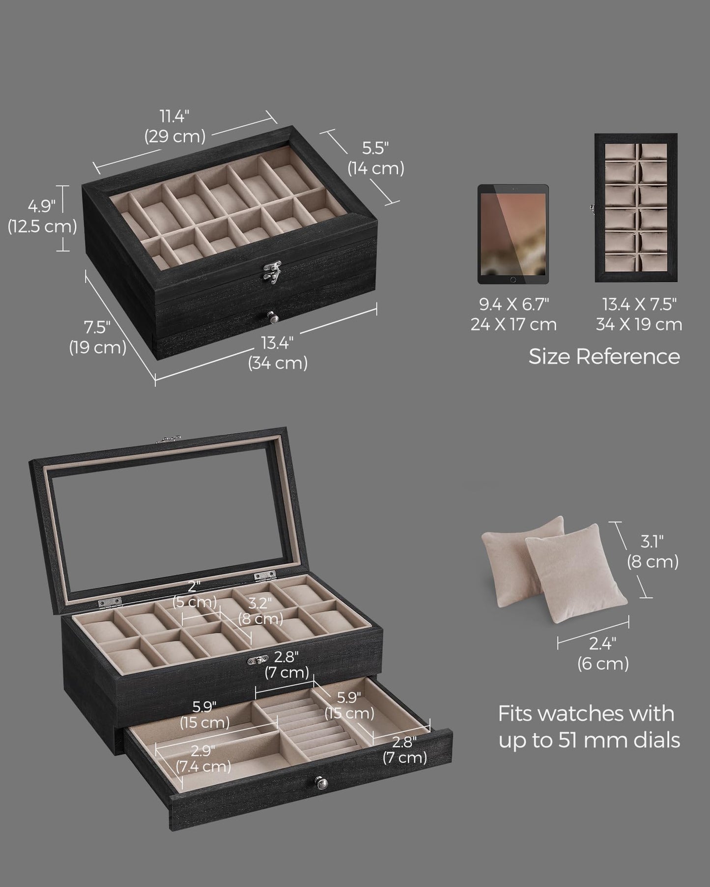 SONGMICS 12-Slot Wooden Watch & Jewelry Box