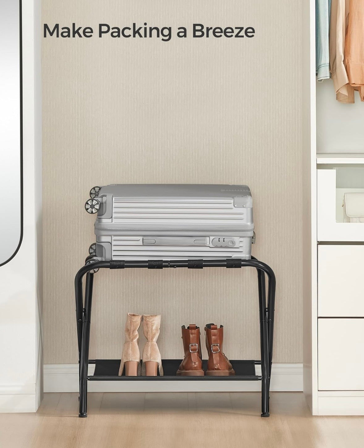 SONGMICS Folding Luggage Rack Set – 2 Pack w/ Bottom Shelf