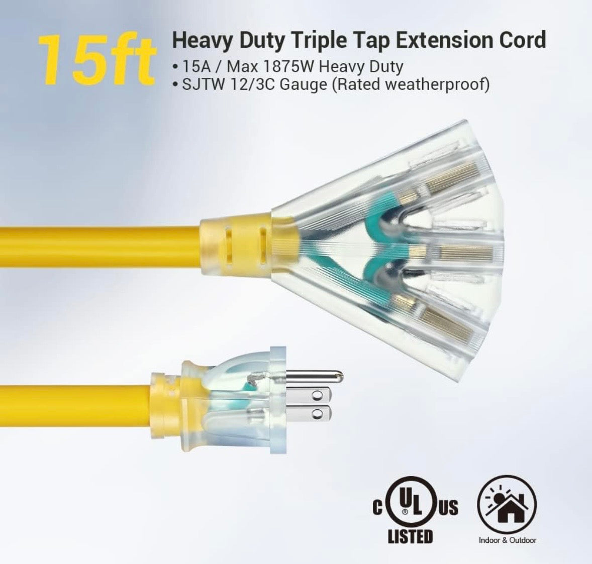 Dewenwils 15FT Heavy-Duty 12/3 Extension Cord – Triple Tap (3 Outlet)