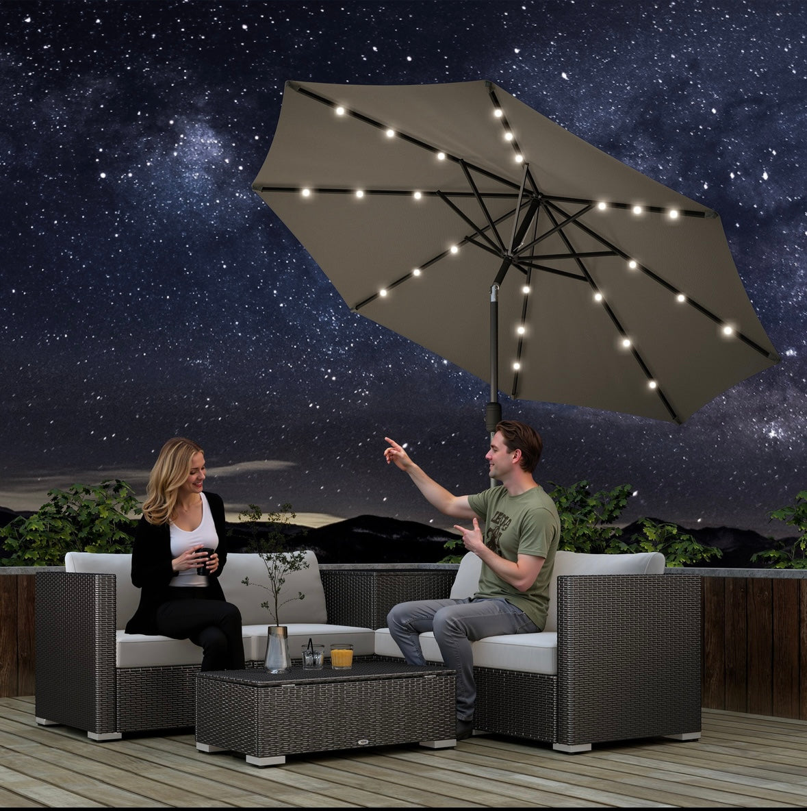 Outsunny 9ft Solar LED Patio Umbrella – 24 Lights | Tilt & Crank | Water-Resistant Canopy | Steel Frame