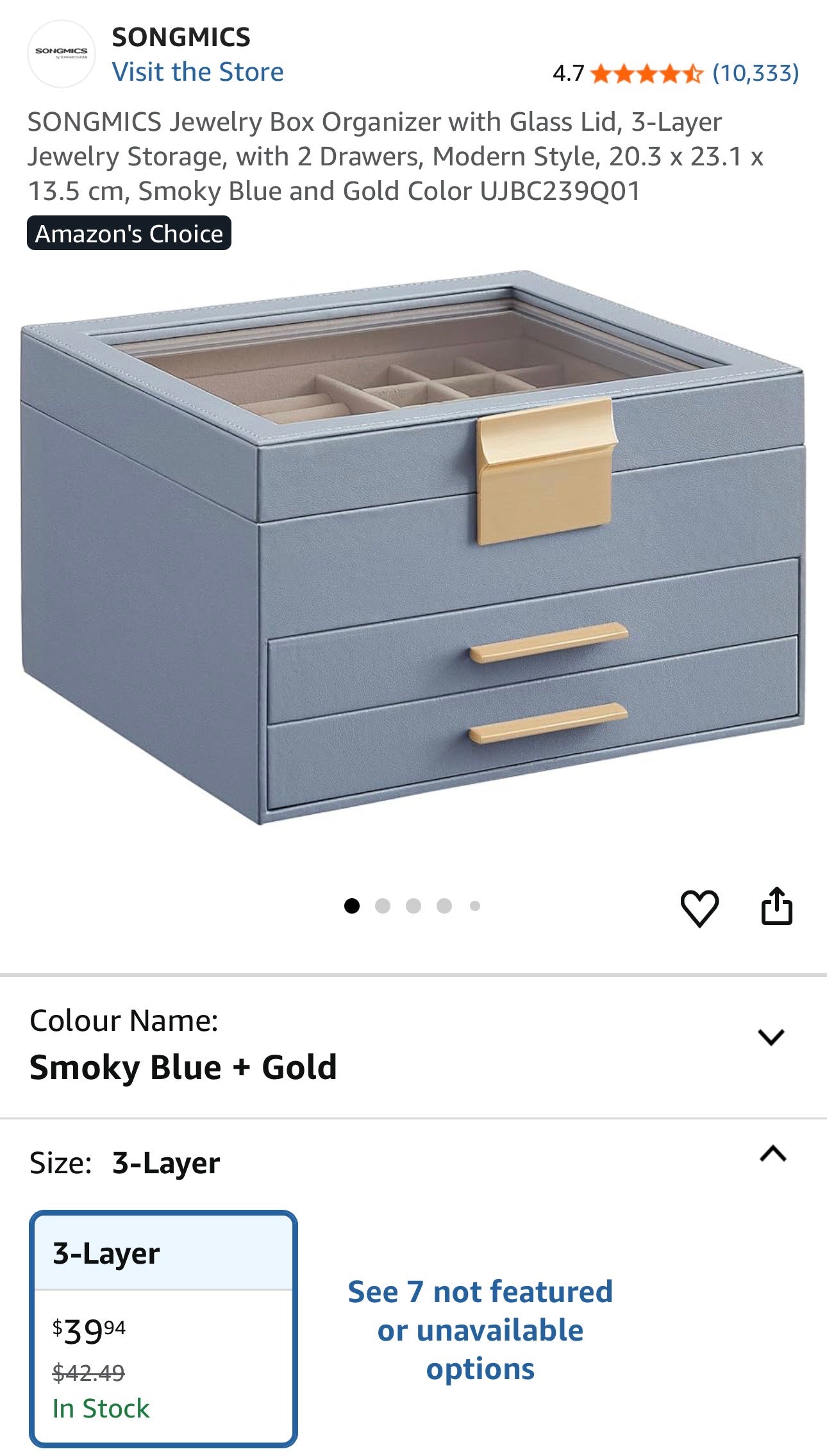 SONGMICS 3-Layer Jewelry Box Organizer with Glass Lid