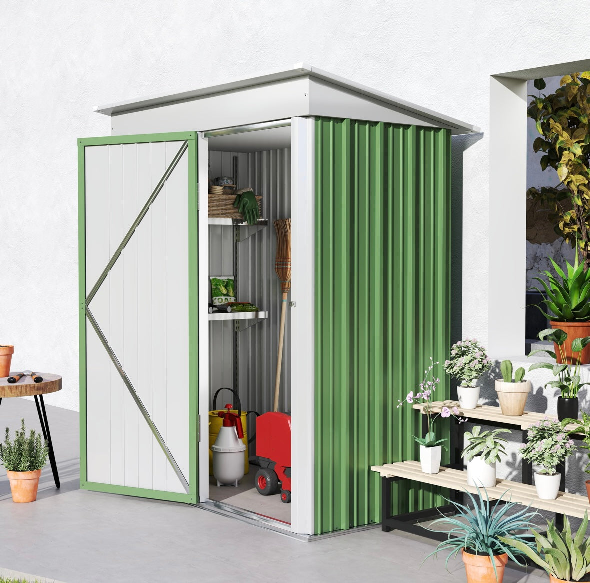 Outsunny Lean-To Steel Garden Storage Shed – Waterproof, Space-Saving, and Durable | Green
