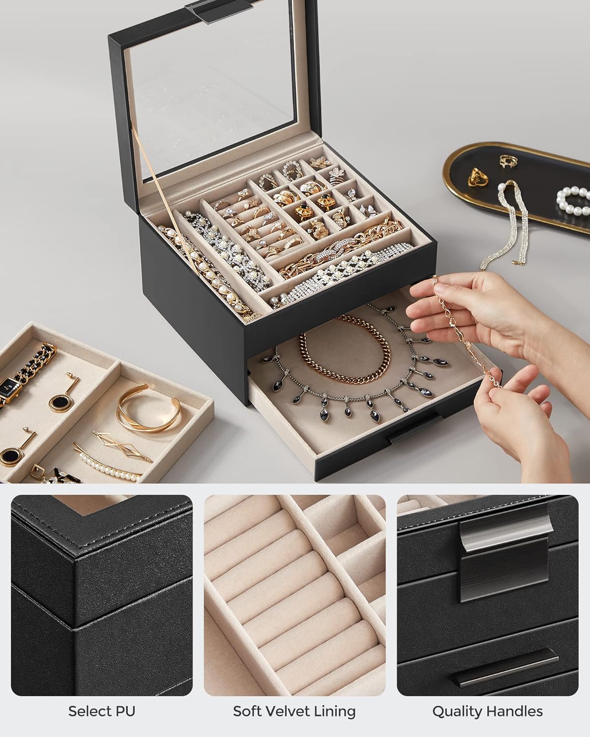 SONGMICS GISELLA 3-Layer Jewelry Box – Ink Black + Silver