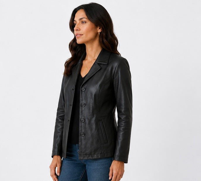 Women’s Classic Black Leather Blazer Jacket