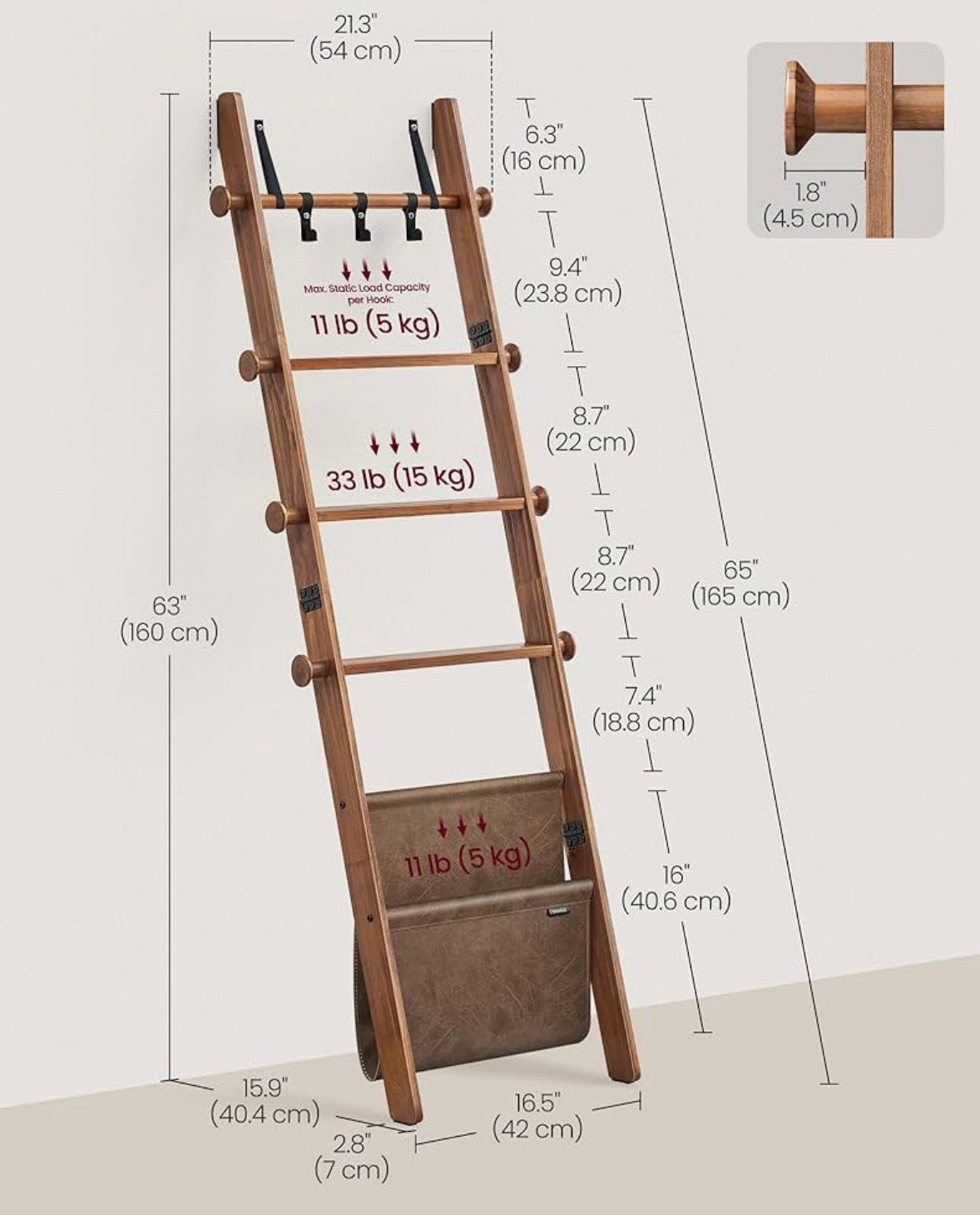 5-Tier Wooden Blanket Ladder with Hooks