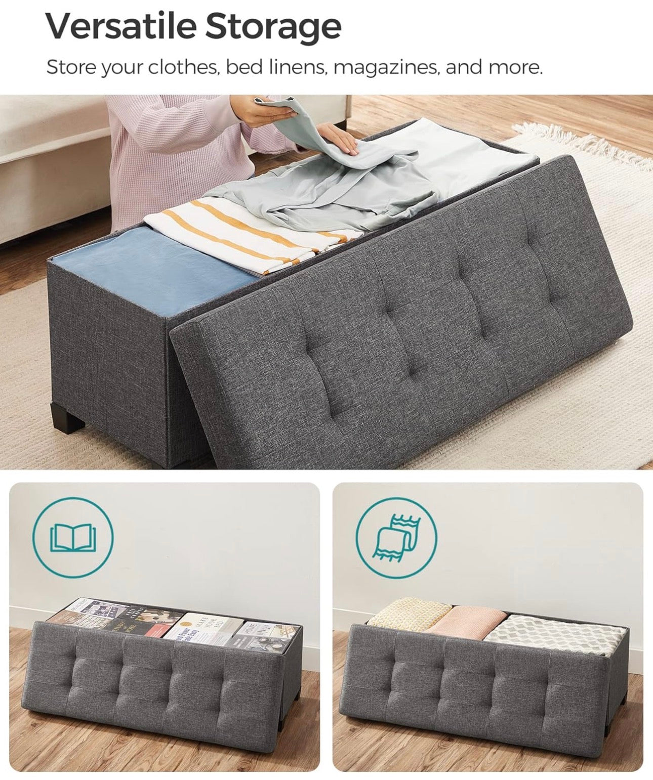 SONGMICS 43” Tufted Linen-Look Storage Ottoman Bench