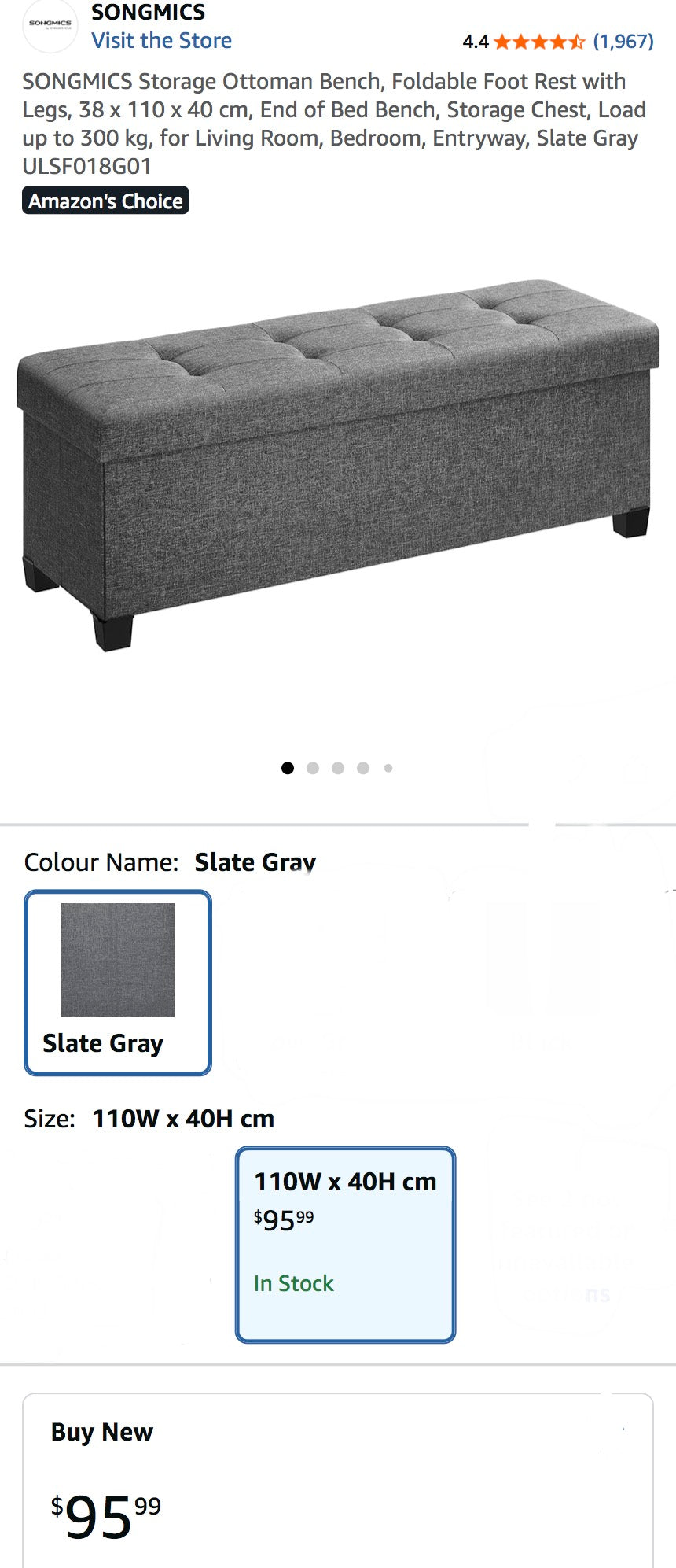SONGMICS 43” Tufted Linen-Look Storage Ottoman Bench