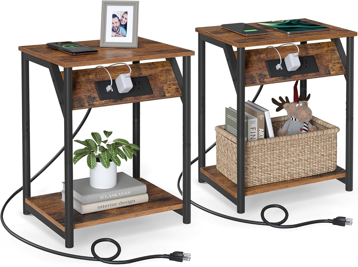 VASAGLE Side Table with Charging Station – Rustic Brown + Black