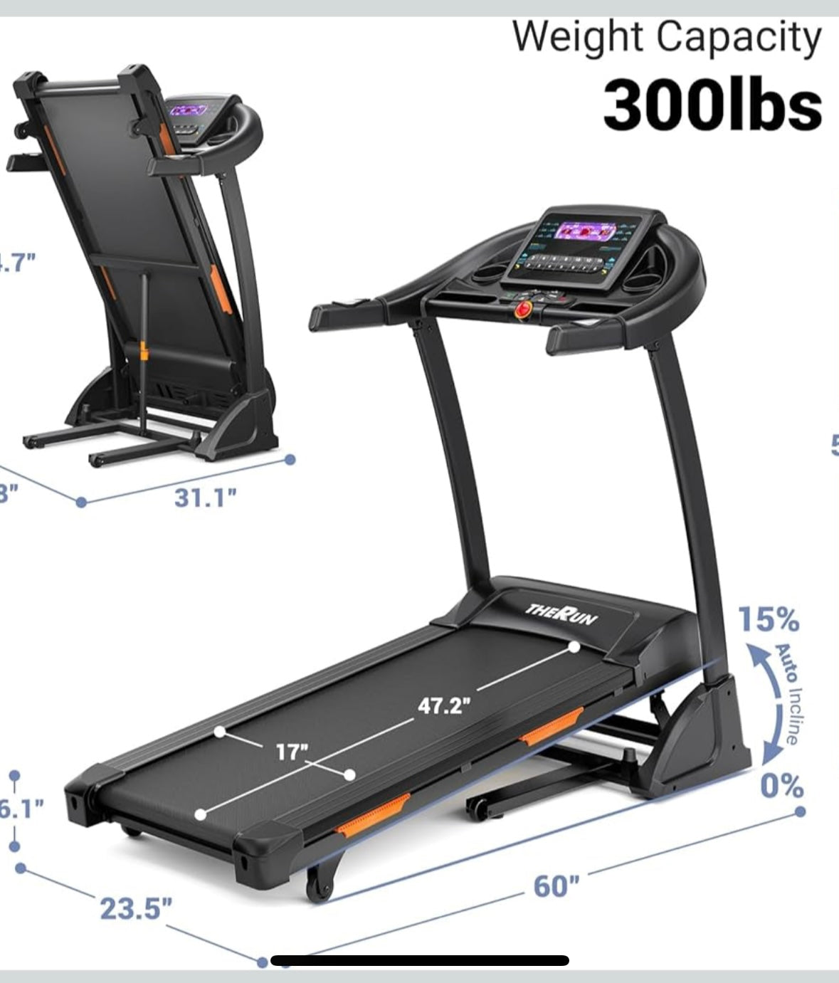 THERUN Foldable Auto Incline Treadmill – 3.5 HP Bluetooth Home Treadmill