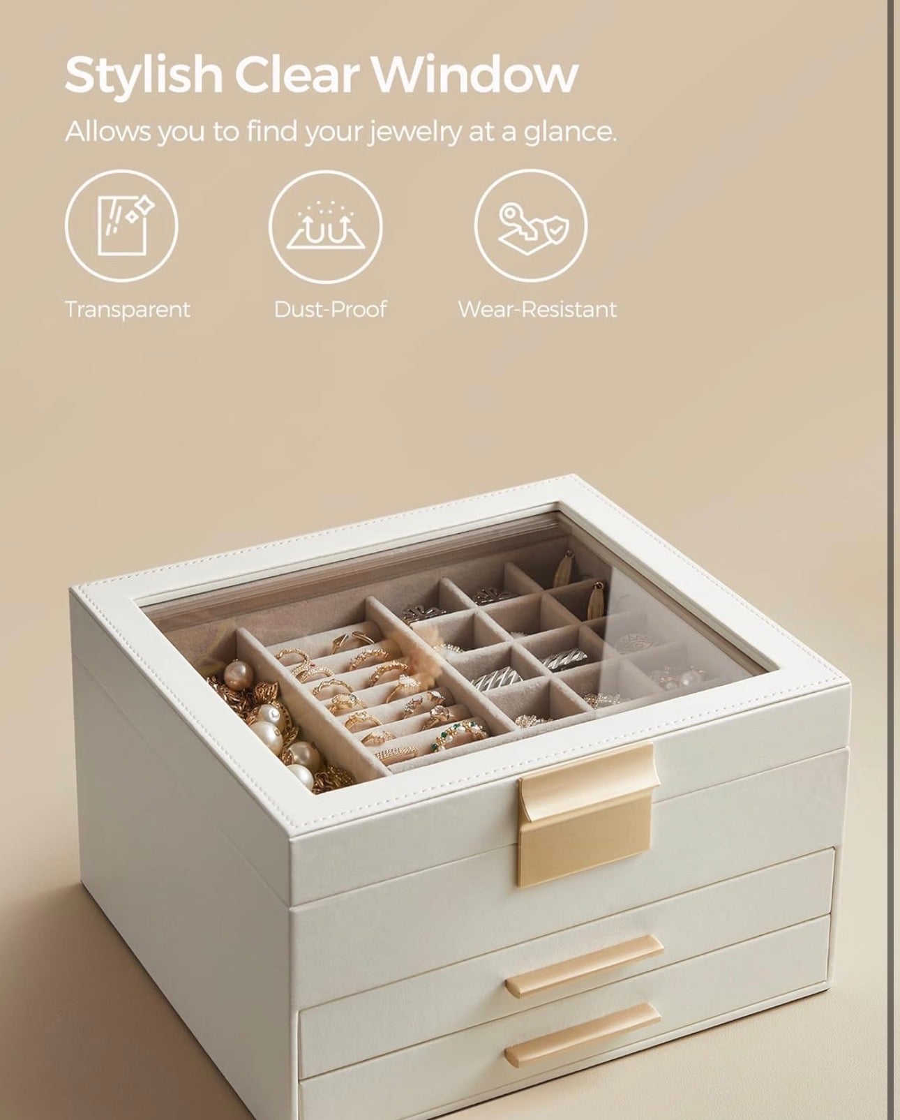 SONGMICS 3-Layer Jewelry Box with Glass Lid