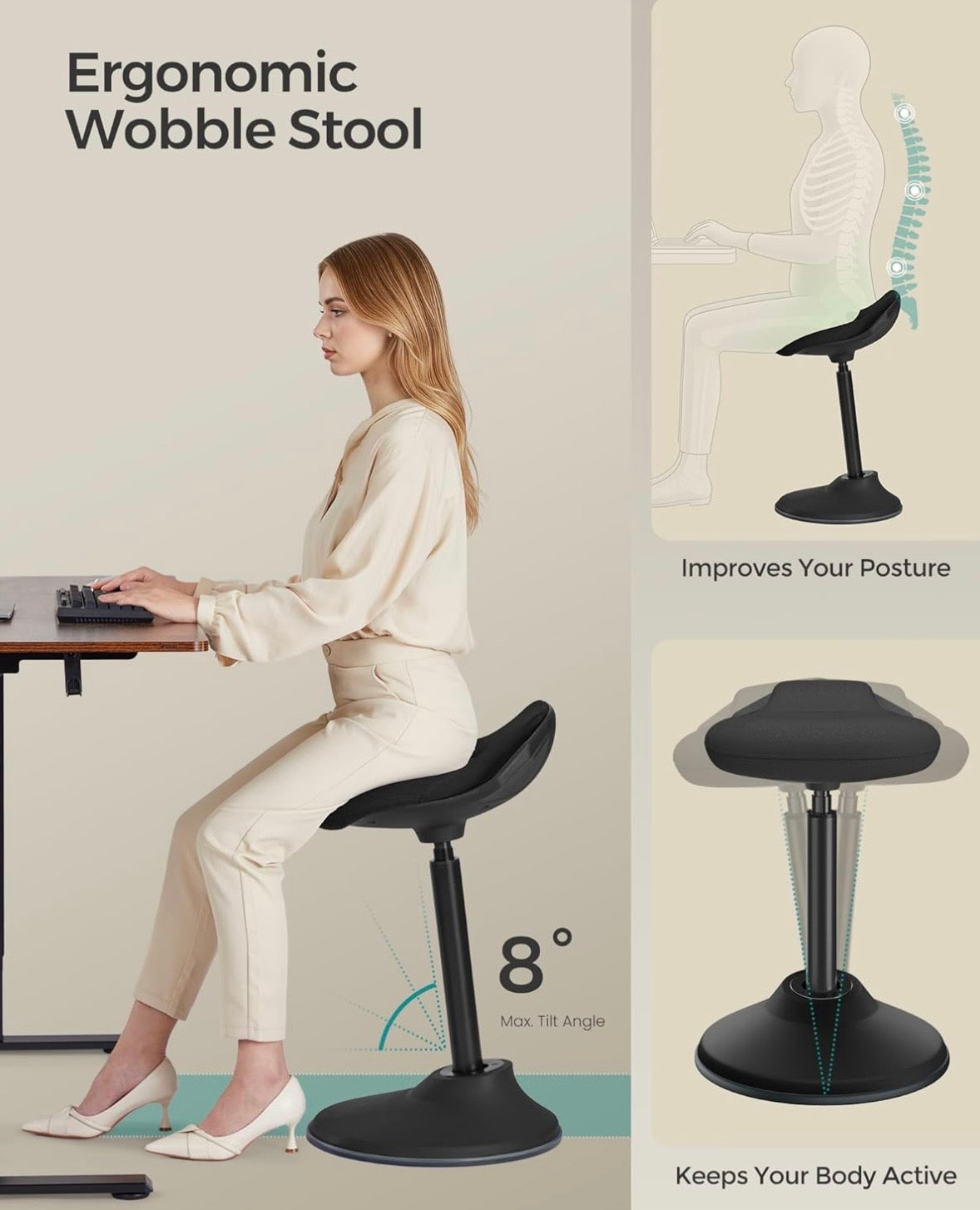 SONGMICS Ergonomic Wobble Stool – Adjustable Active Sitting Chair (Ink Black)