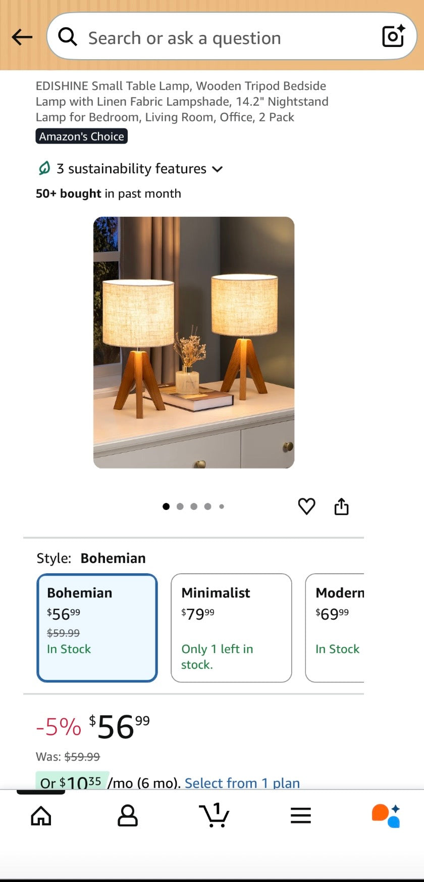 EDISHINE Wooden Tripod Table Lamp with Linen Shade- 2 pack