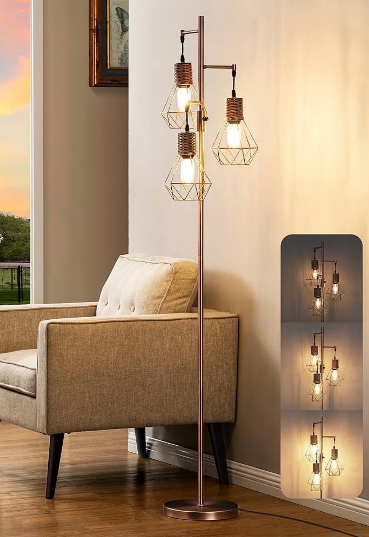 EDISHINE Farmhouse Tree Floor Lamp – 3-Light Diamond Lantern Design