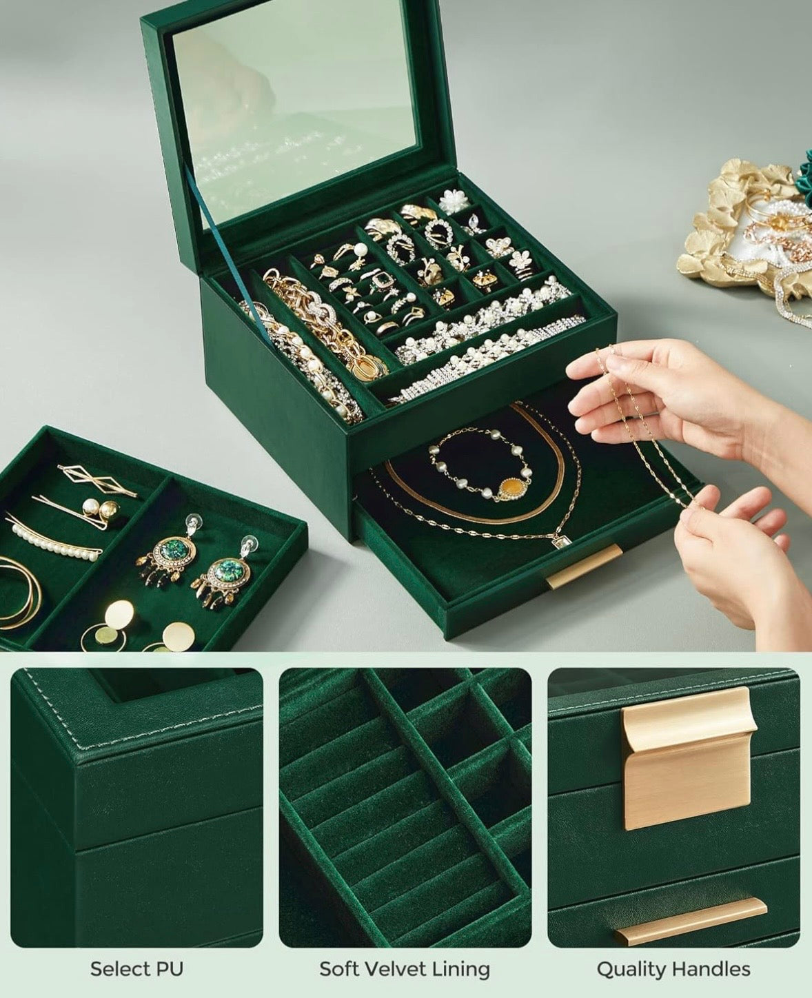 SONGMICS 3-Layer Jewelry Box with Glass Lid