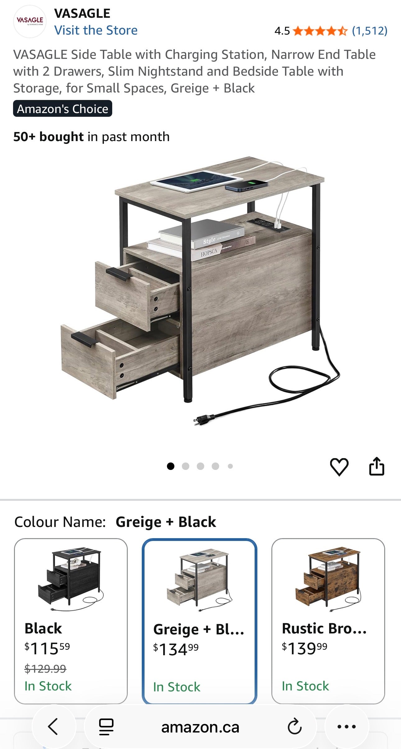 VASAGLE Narrow Side Table with Charging Station – Greige + Black