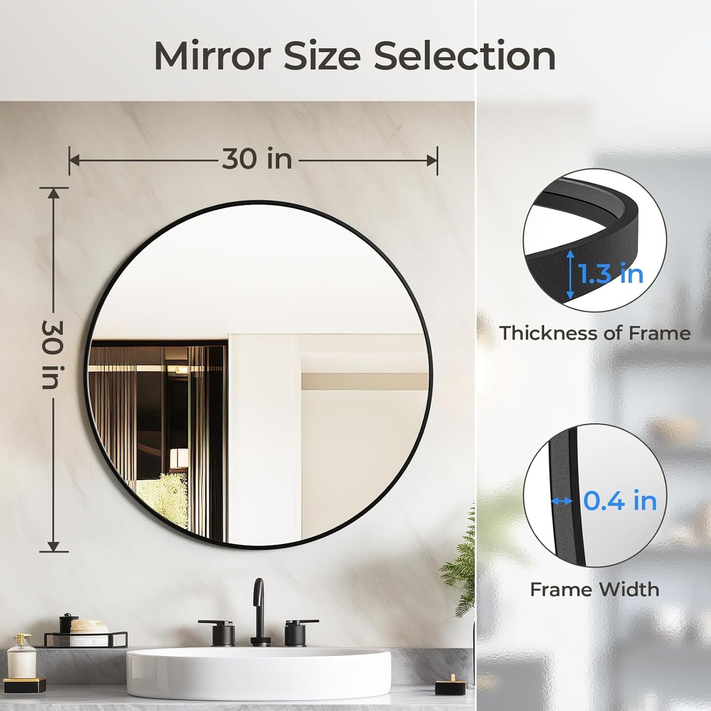USHOWER 30” Round Wall Mirror – Black Frame