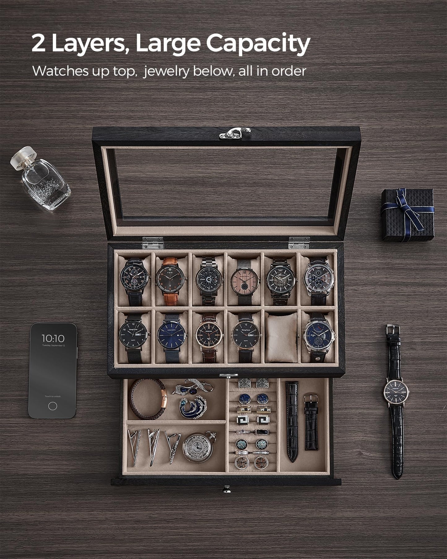 SONGMICS 12-Slot Wooden Watch & Jewelry Box