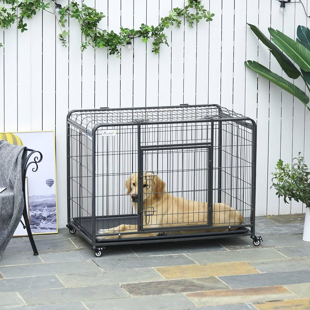 PawHut Heavy-Duty Foldable Dog Crate with Wheels - Large