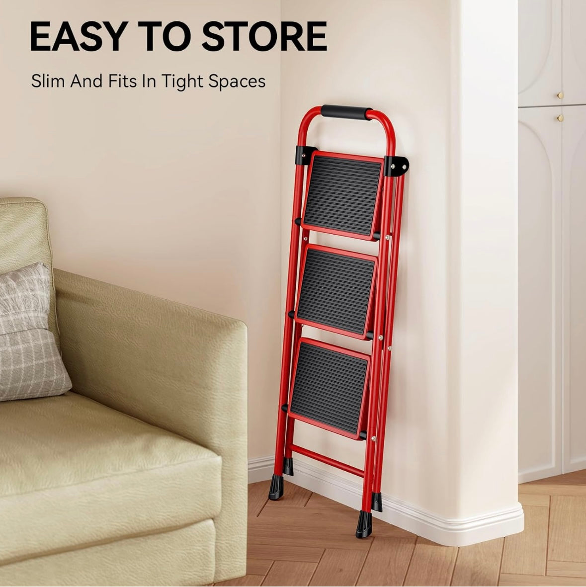 NEW – KINGRACK 3-Step Folding Ladder with Handrail – Red Steel Frame